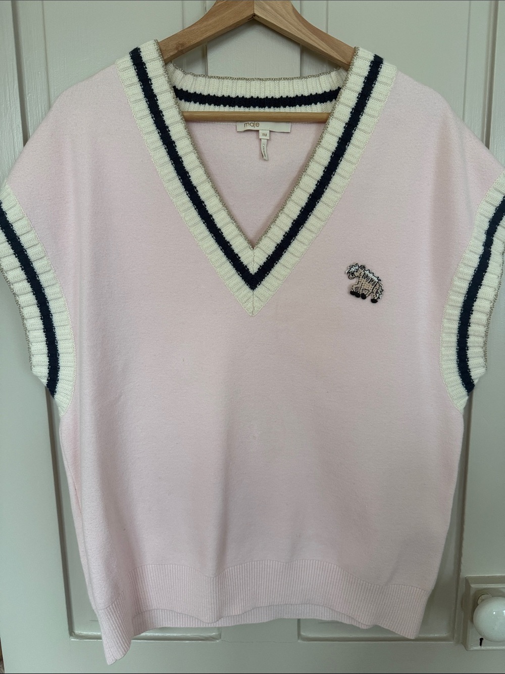 Maje Light Pink V-Neck Sweater Vest with Cream and Navy Trim